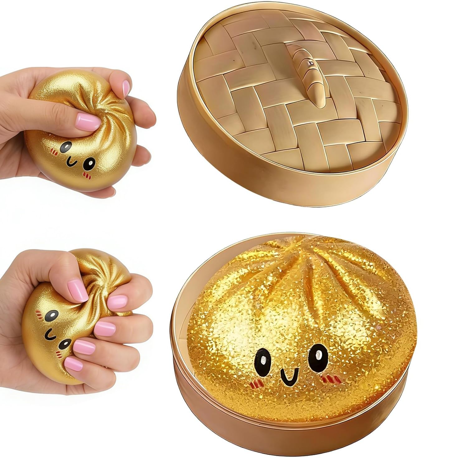 Glitter Dumpling Squishy, Colorful Dumpling Squishes Stress Balls with Steamer, Easter Gifts, Soft Squeeze Decompression Dough for Adults (Gold with Glitter) - 1