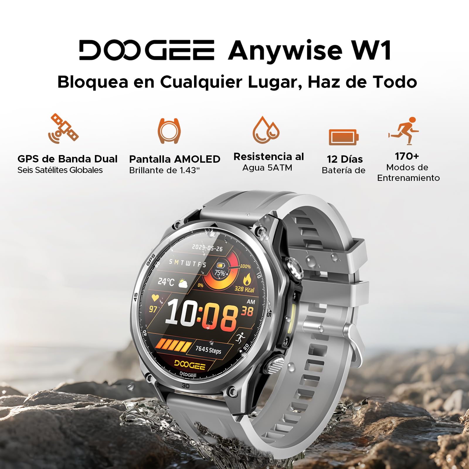 ANYWISEW1, Reloj Inteligente Militar para Hombre, GPS de Doble Banda 5ATM, Compatible con Android y iOS, Pantalla AMOLED de 1,43", más de 170 Modos Deportivos