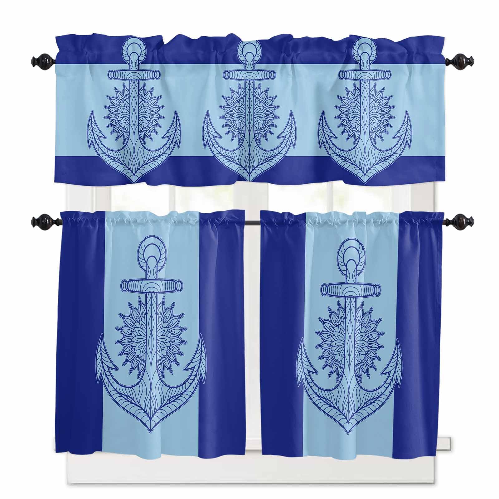 Navy Blue Anchor Kitchen Curtains 36 Inch Length,3 Piece Rod Pocket Small Half Tiers and Valance Set,Nautical Mandalas Boho Modern Abstract Small Large Window Treatment Decor for Bedroom/Bathroom