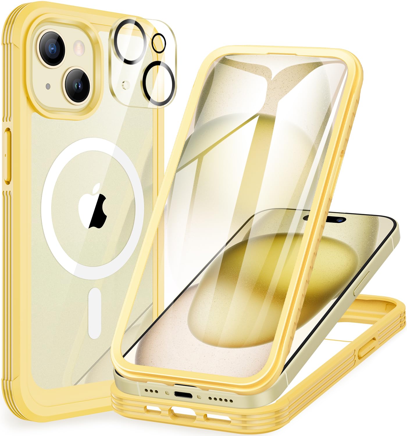CENHUFO Cover Magnetica iPhone 15, [Compatibile con Magsafe] Integrata [9H HD] Vetro Temperato Schermo e Protezione Fotocamera, 360 Gradi Antiurto Cellulare Custodia Fronte Retro Case - Giallo