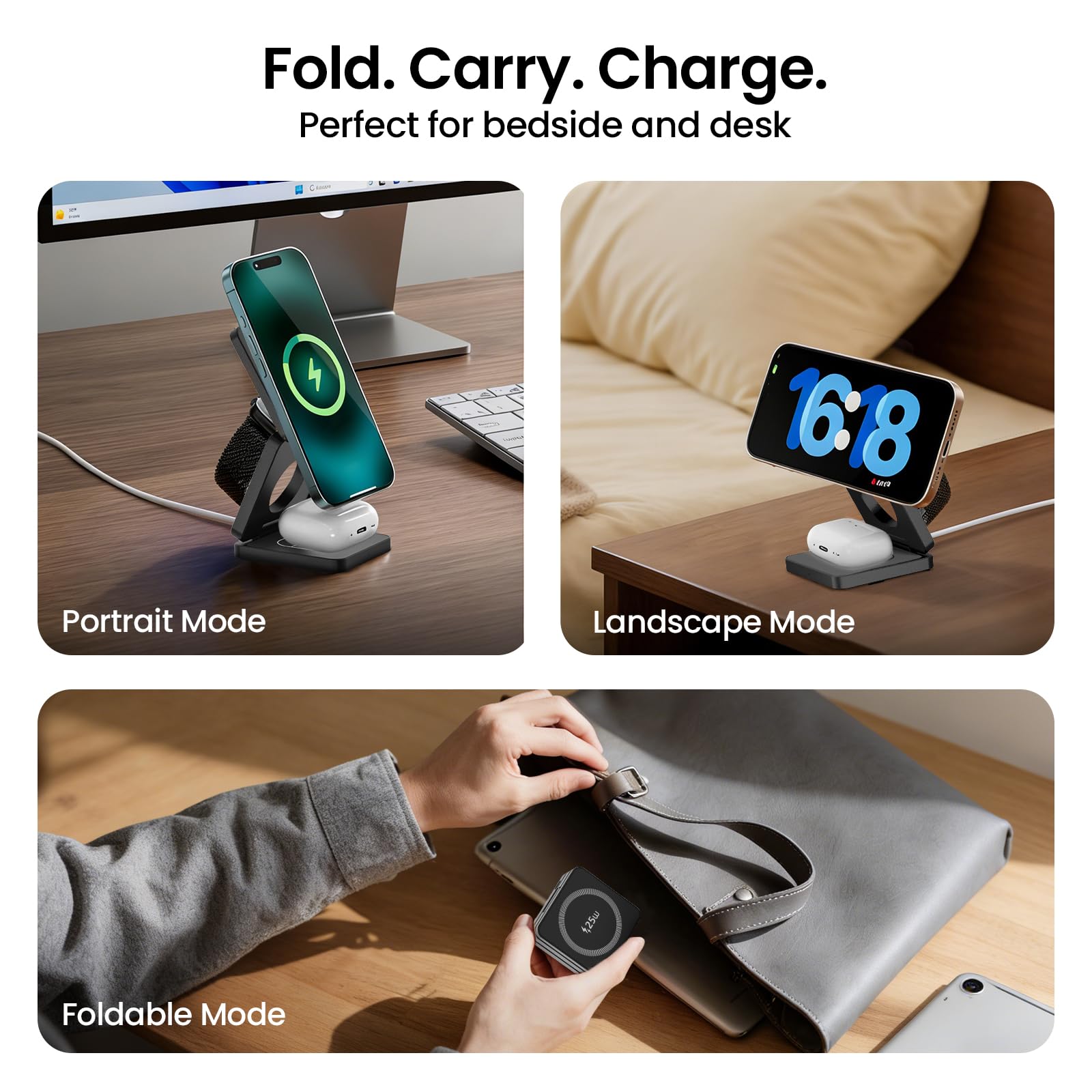 Chargeur sans Fil MagSafe 3 en 1 25W, Station de Charge magnétique pour iPhone 12 à 17, Apple Watch et AirPods, Chargeur Induction avec USB-C, Support Pliable pour Table de Chevet et Bureau