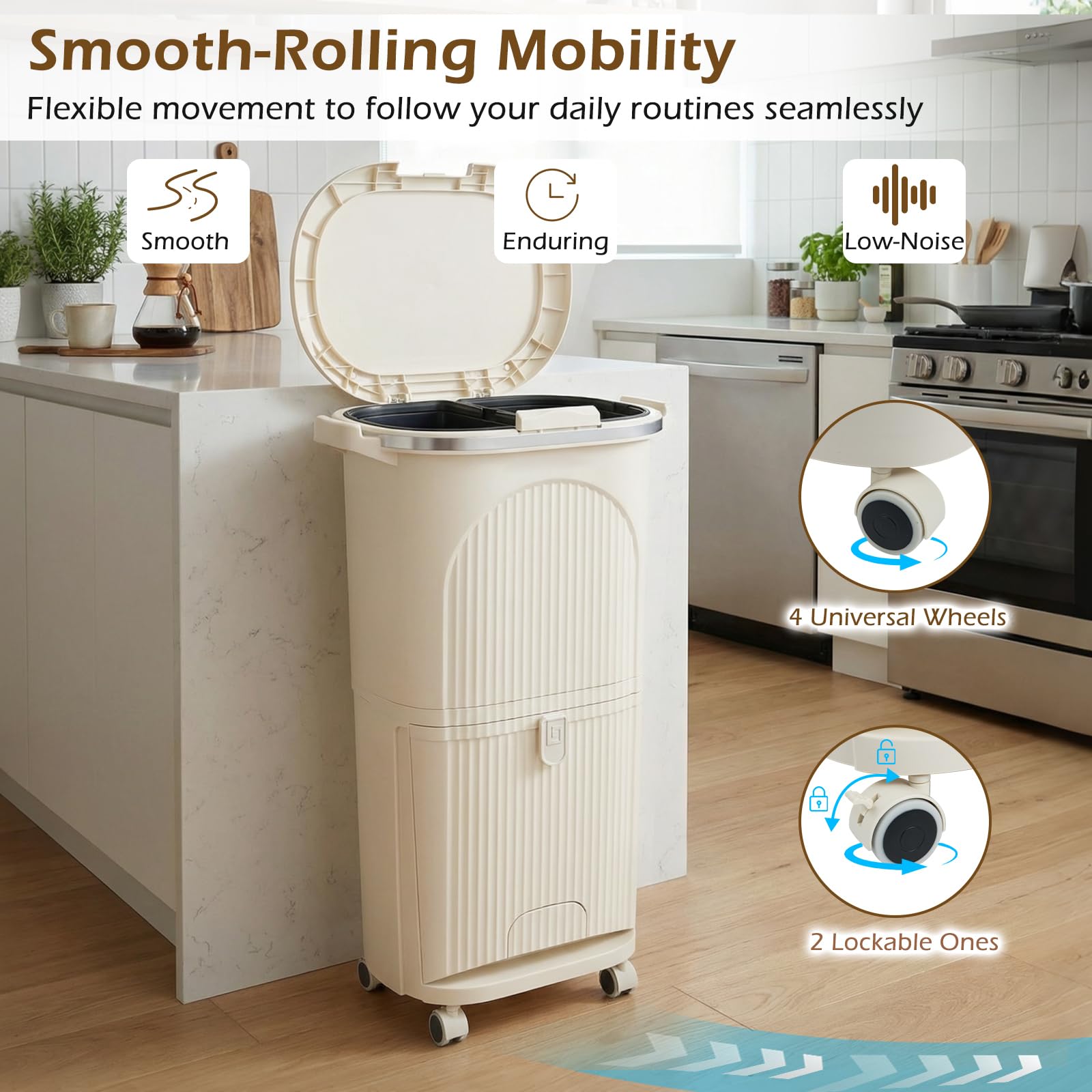 Pattumiera COSTWAY 42L A 3 Scomparti Con 2 Secchi Da 12L E Vano 14L, Pedale, Ruote, Beige
