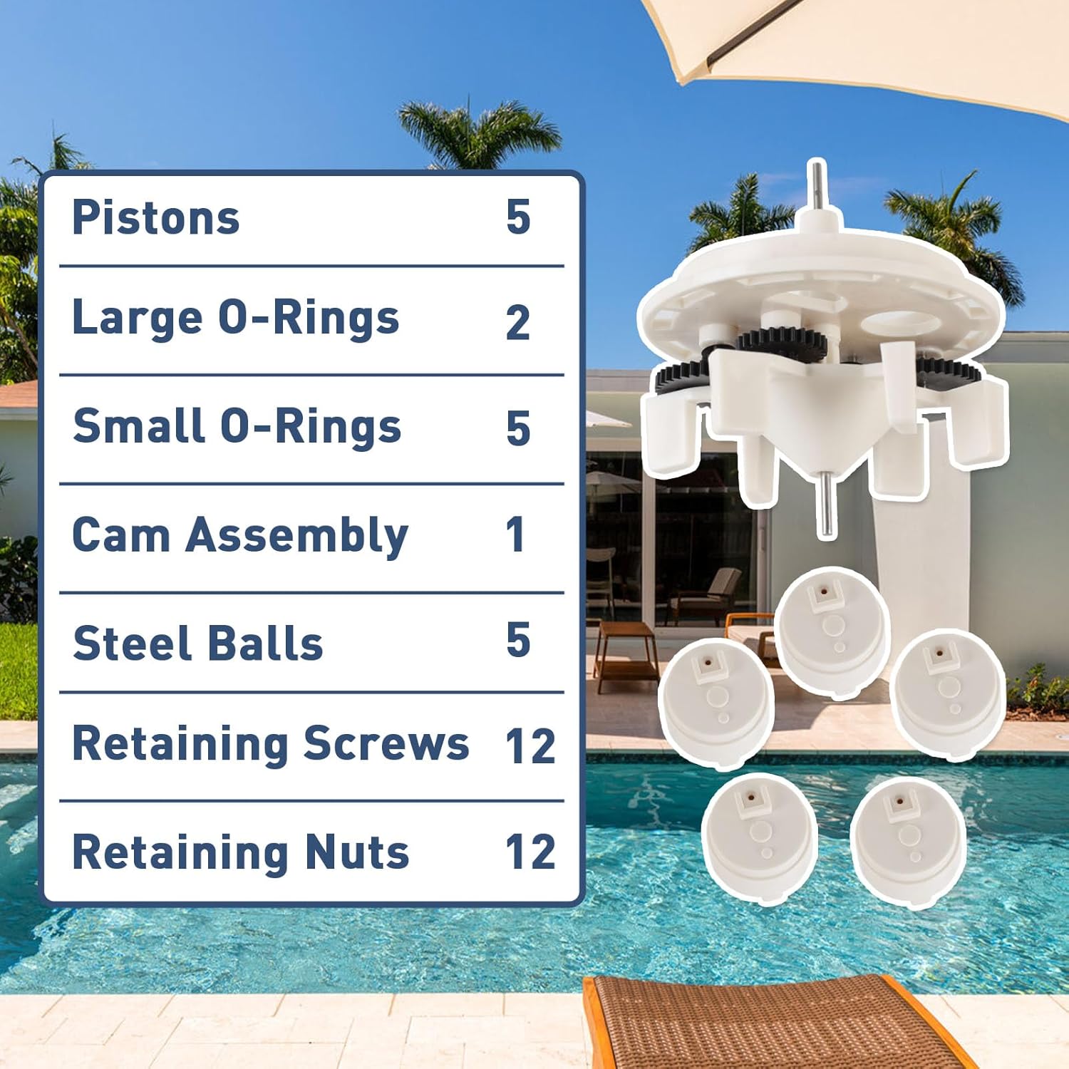 5-9-2001 W3630011 Pool Valve Rebuild Kit Fit for Jandy Zodiac Polaris Caretaker-5 Port Water Valve Repair Kit with Gear Train, Pistons & O-Rings Replacement Parts