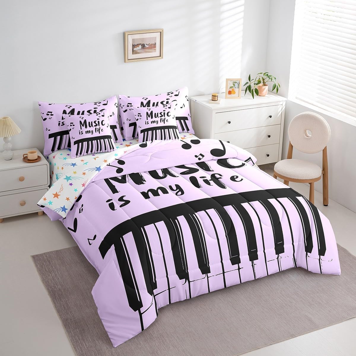 Loussiesd Musica Letto Trapuntato Strumento Musicale Piumino Letto Con Lenzuola 7 Pezzi 135x200cm(7-piece Set) Per Bambini Ragazze Ragazze Hip Hop Musica Rock