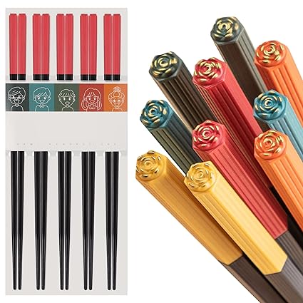 5 Pairs Fiberglass Chopsticks Reusable Dishwasher Safe, Matte Non-Slip Chopstick, Chinese Style Japanese Korean Chop Sticks for Food & Cooking, Chopsticks Gift Set, Red Rose