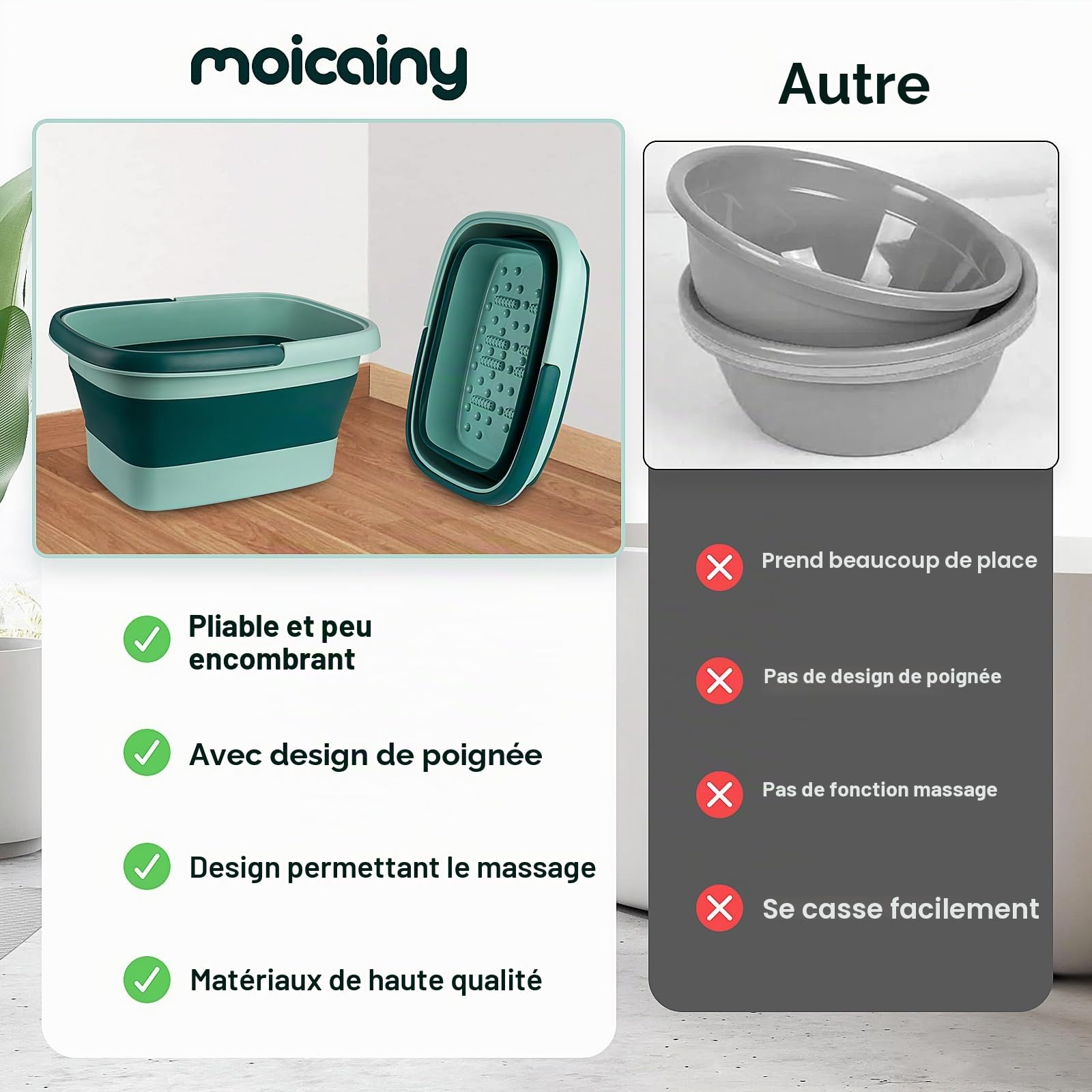 Bain de Pieds Portable Pliable Avec Poignée - Fonction de Massage Pour Pieds Détendus