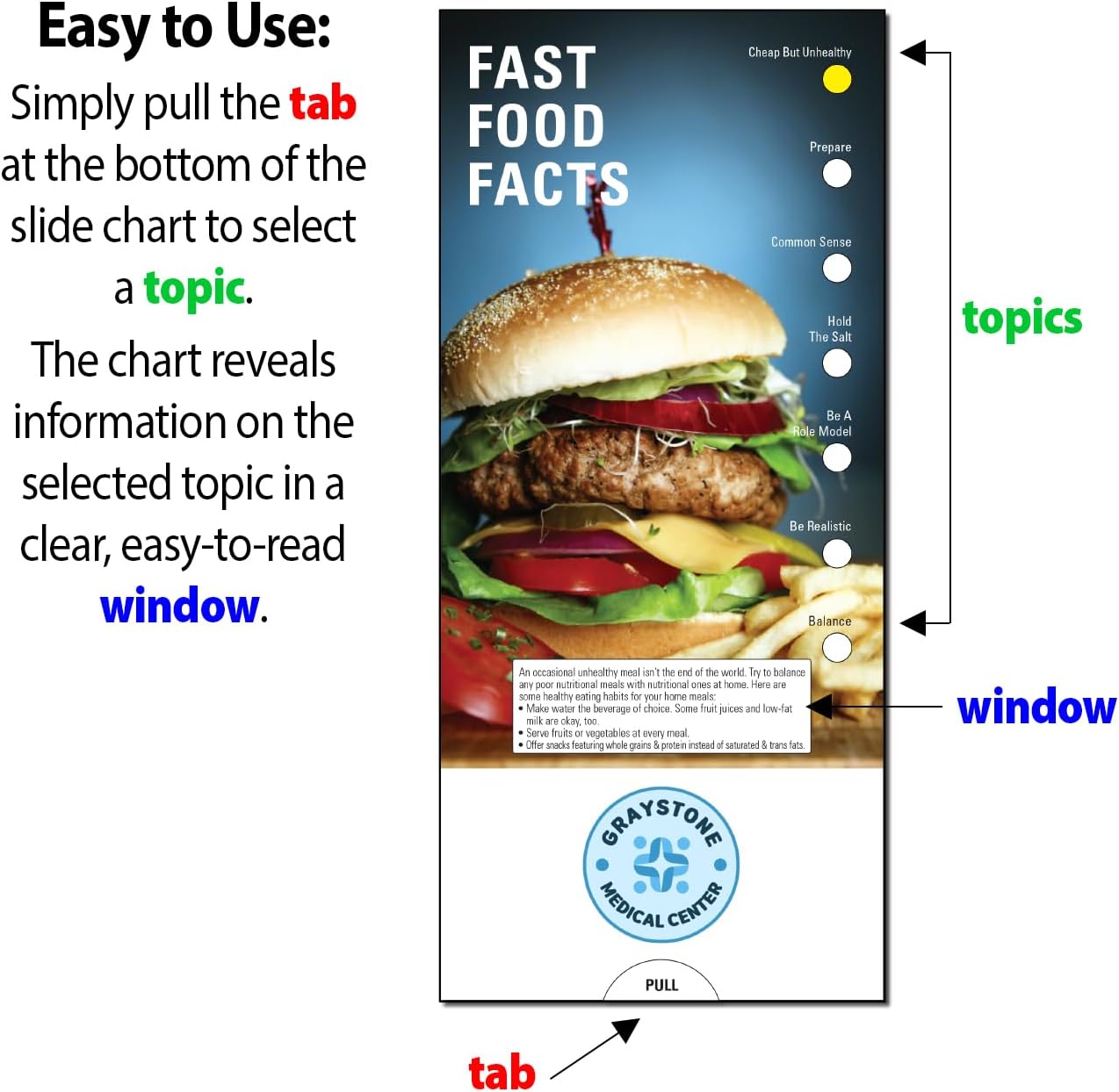 ZOCO – Fast Food Facts Slide Charts – Pack of 250 – Custom Logo & Text – Fast Food Nutrition Facts & Healthier Choices Handouts for Schools, Clinics & Fitness Centers – 3.75 x 8.5 Inches