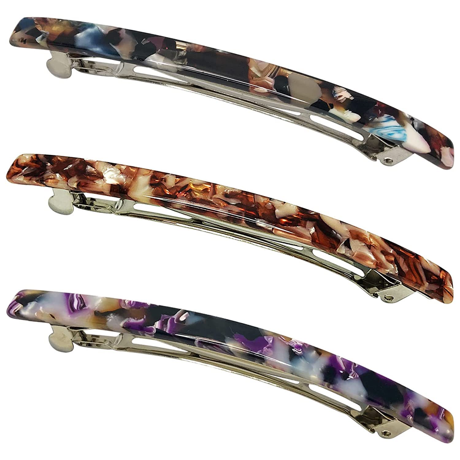 3PCS Long French Barrettes for Women Simple Classic Acrylic Resin Hair Clips Tortoise Shell Skinny Large 4 inch No-slip Grip Automatic Clasp Clamp Hair Accessories for Women Girls 1
