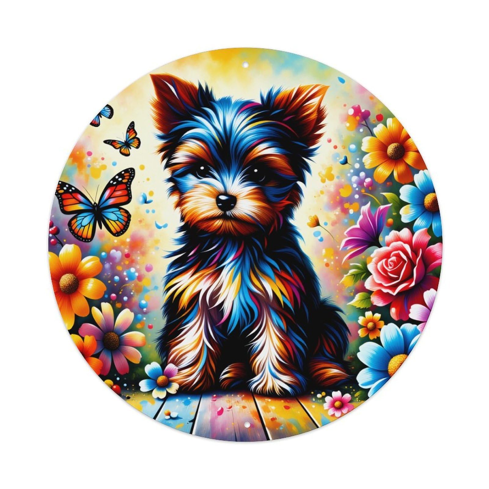 Colorful Dog Floral Butterflies Art Round Tin Sign Vintage Metal Poster Retro Bar, Home, Man Cave, Kitchen, Laundry Room Wall Art Decor Gift 8x8Inch