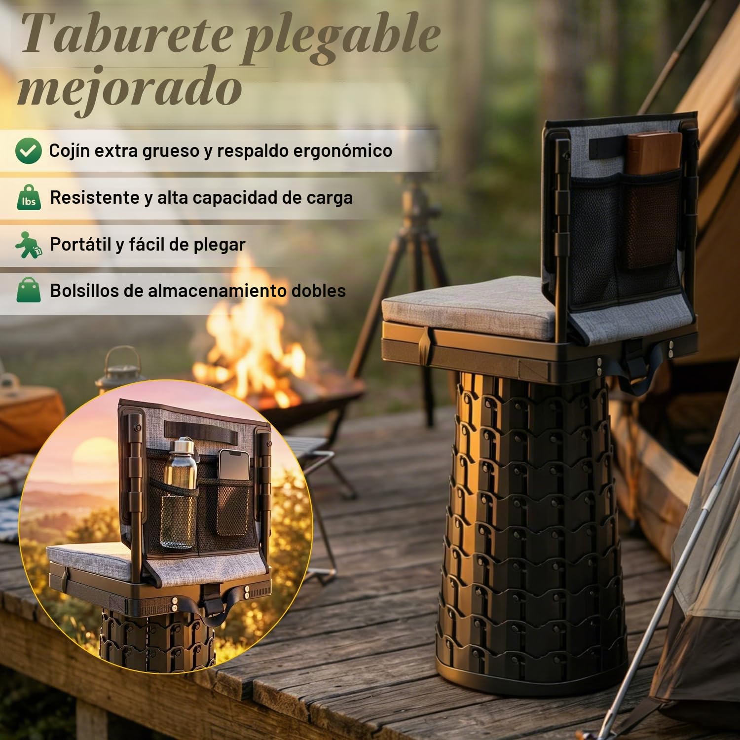 Taburete telescópico Mejorado con Respaldo y cojín Extra Grueso,Silla Plegable portátil Cuadrada para Exteriores,Taburete Plegable de 50 cm para Adultos Camping Pesca Senderismo Viajes BBQ