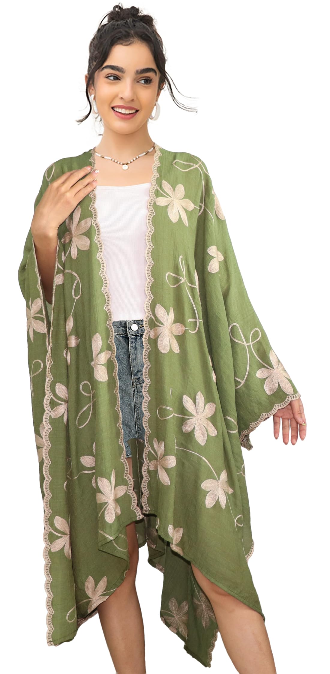 Coton Brodé Floral Kimono Plage Femme Loose Caftan Boho Beach Bikini Cover Up Long Shawl pour Femme