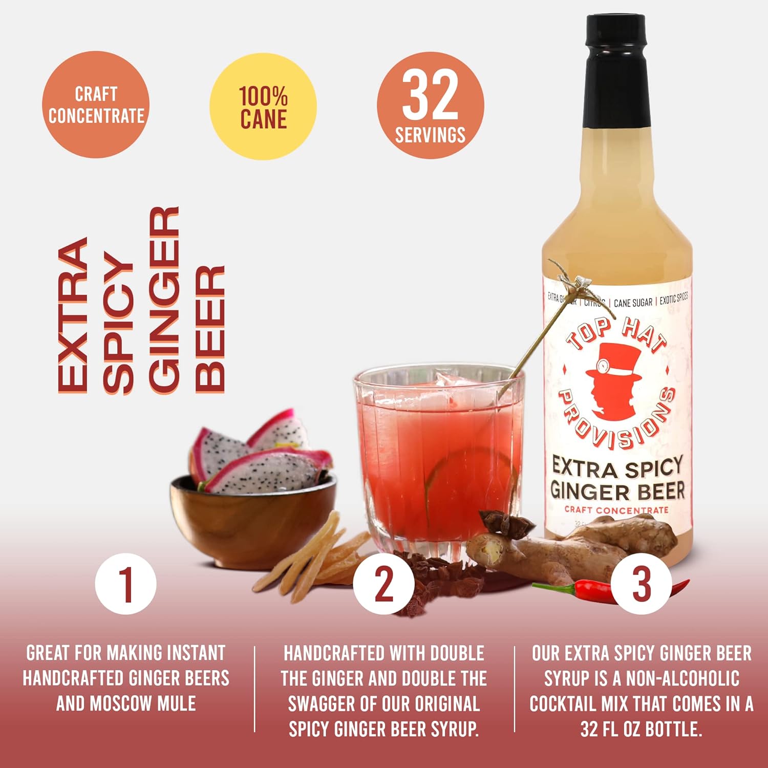 Top Hat Extra Spicy Ginger Beer Syrup - Spicy Ginger Syrup for Soda Makers - Makes 32 Craft Sodas, Mules, Cocktails, Mocktails - Compatible with SodaStream - Just add Soda Water - 32oz bottle