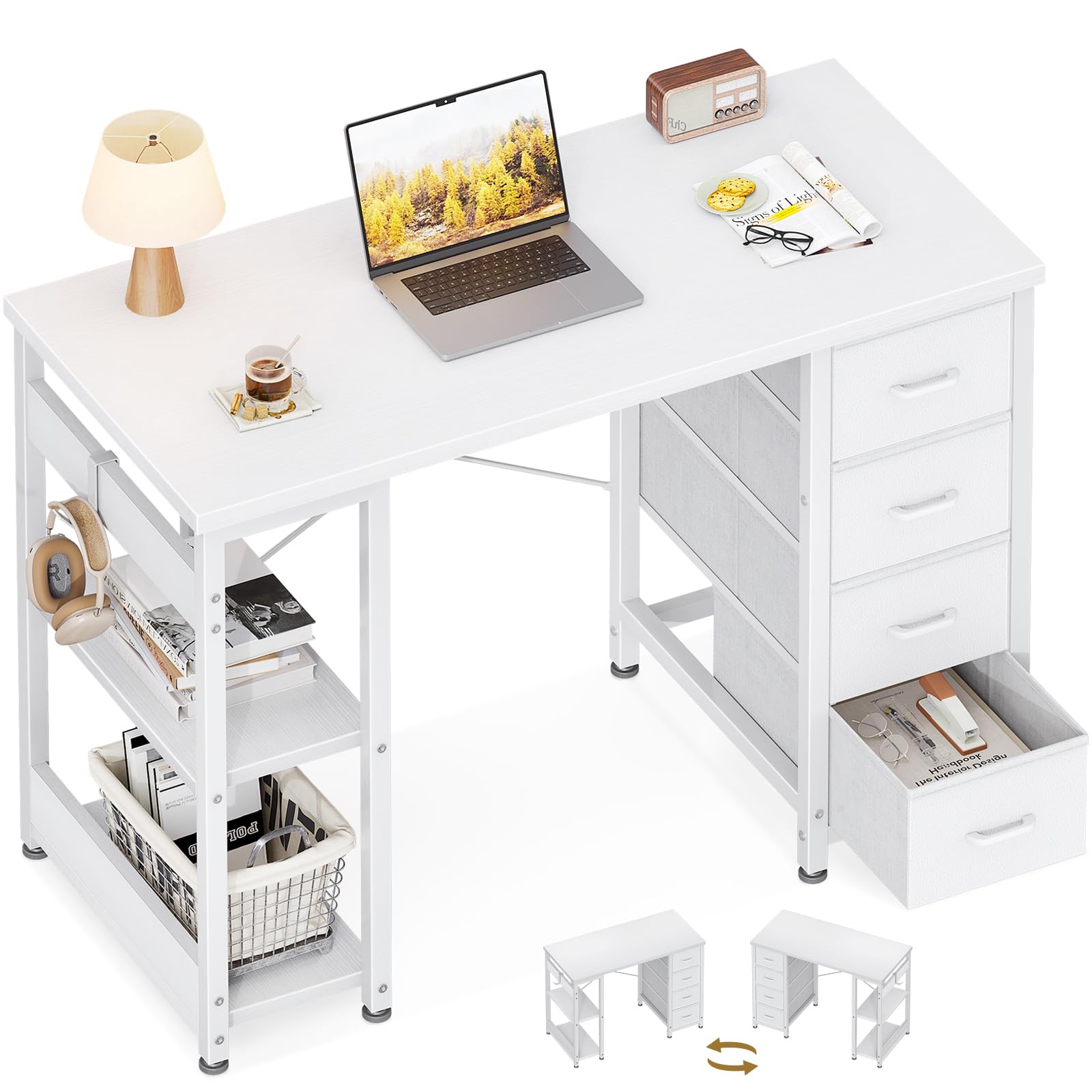 ODK 40 Inch Small White Computer Desk with 4 Fabric Drawers, Modern Writing PC Desk for Small Spaces, Home Office Study Table with Storage Shelves, Vanity Table, White