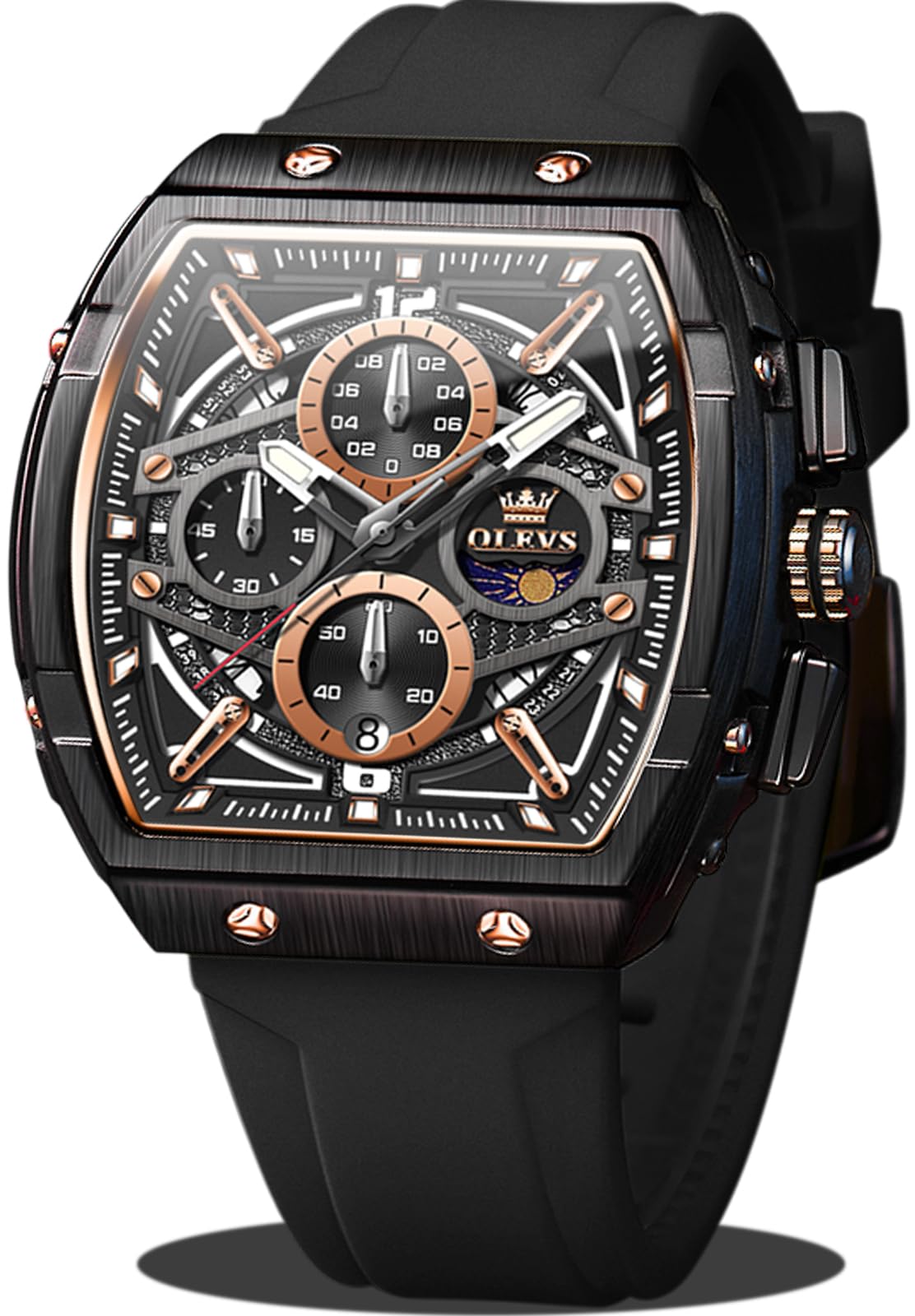 OLEVS Watch Men Casual Luxury Square Large Face Skeleton Multifunctional Chronograph Men's Watches Fashion Silicone Waterproof Mens Watches with Date Moon Phase Analog Wrist Watch Reloj para Hombre