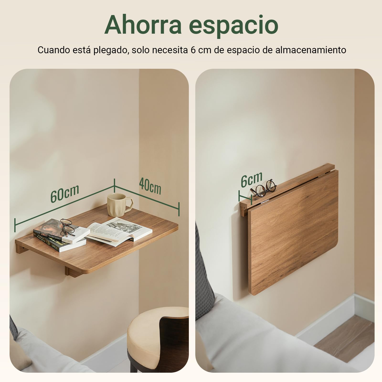 SoBuy Mesa Plegable a Muro, Escritorio Compacto, Mesa de Cocina Plegable, Diseño Salvaspacio, Extensible, Ideal para Espacios Pequeños, Cocina, Oficina, 60x40cm Vintage FWT03-PF