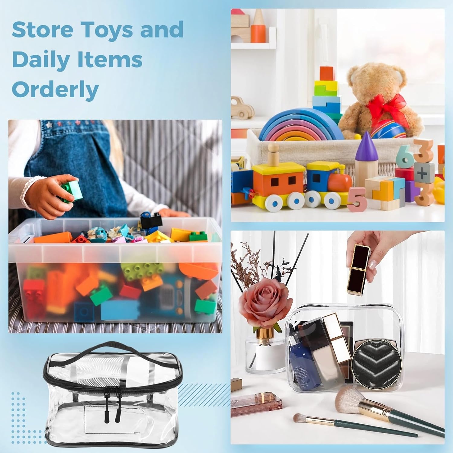 Stackable Toy Storage Bags – 6-Pc Waterproof PVC Set (9.45×6.70×5.12 in), Zippered & Handle-Designed for Easy Carrying