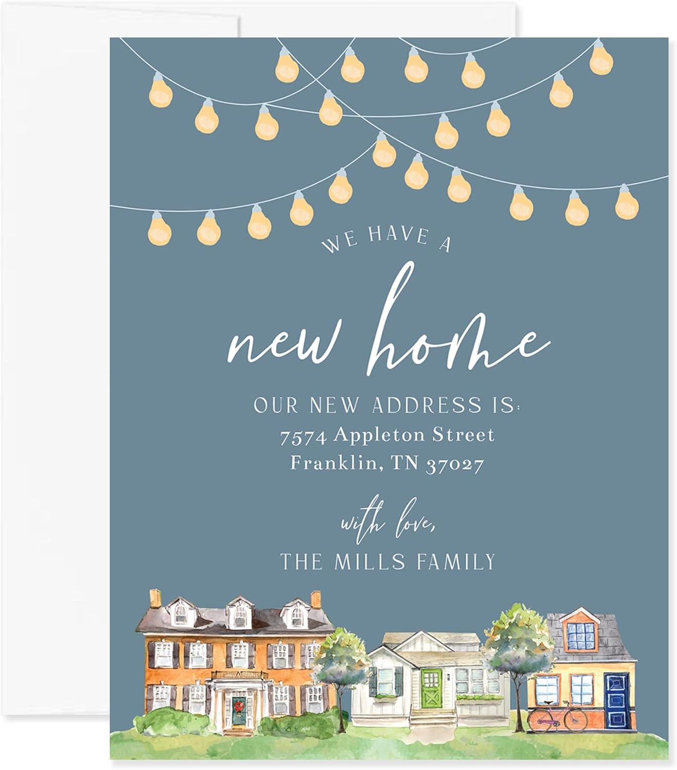 Garden String Lights and Houses Moving Announcement Cards, Flat 4.25x5.5 Personalized New Home Address Cards with Envelopes