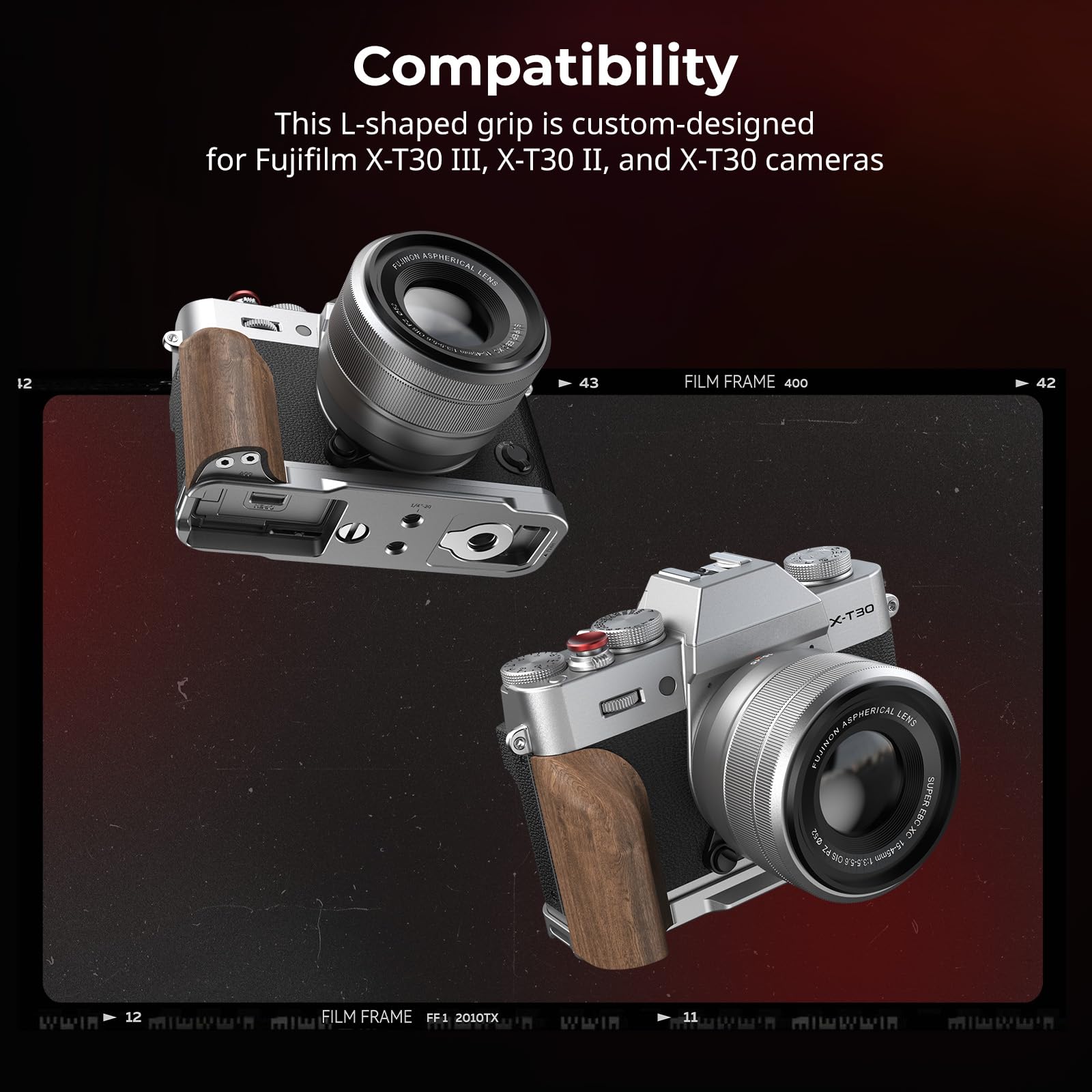 SMALLRIG Płytka montażowa X-T30 III w kształcie litery L z drewnianym uchwytem do FUJIFILM X-T30 / X-T30 II/X-T30 III, wbudowana płytka szybkiego montażu do Arca, 1/4"-20, srebrna - 5667