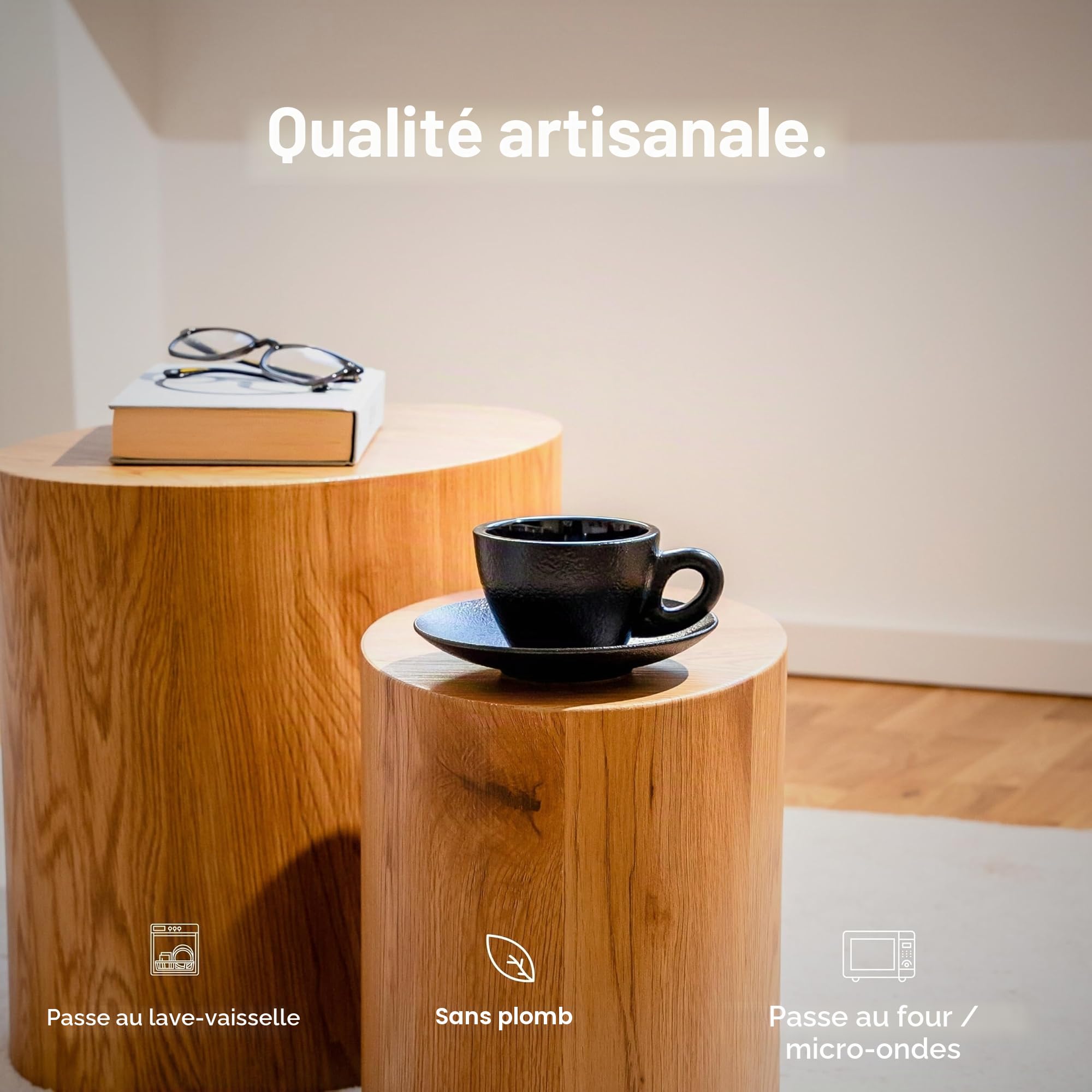 KIVY Lot de 4 tasses à cappuccino [170 ml] – Ensemble de tasses à cappuccino en céramique à paroi épaisse pour latte art – Tasses à latte – Tasse à latte et soucoupe en céramique noire