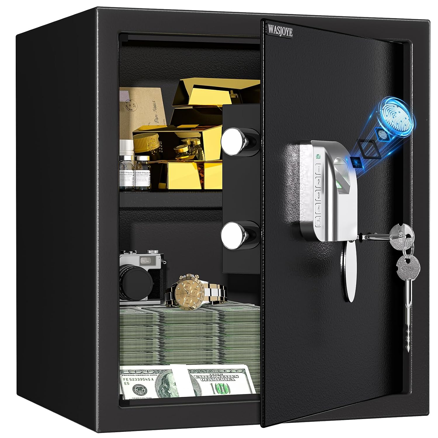 WASJOYE Safe Tresor Fingerabdruck 43L Biometrischer Tresor f r Zuhause mit Herausnehmbare Regal&Duales Alarmsystem Digitaler M beltresor f r Bargeld Medikamente A4 Dokumente 31*37*40CM