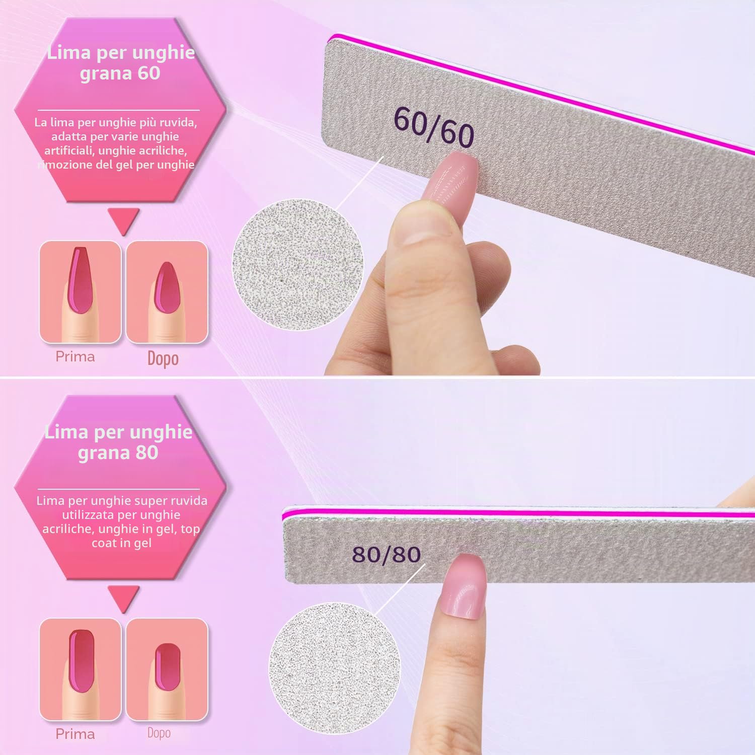 Grana 80/80 Lime per Unghie, 12 Pezzi Lima per Unghie Professionale, Lime Unghie Bifacciali per La Cura E Lo Styling Delle Unghie, Lima Unghie per L'Estensione Delle Unghie in Polietilene in Salone