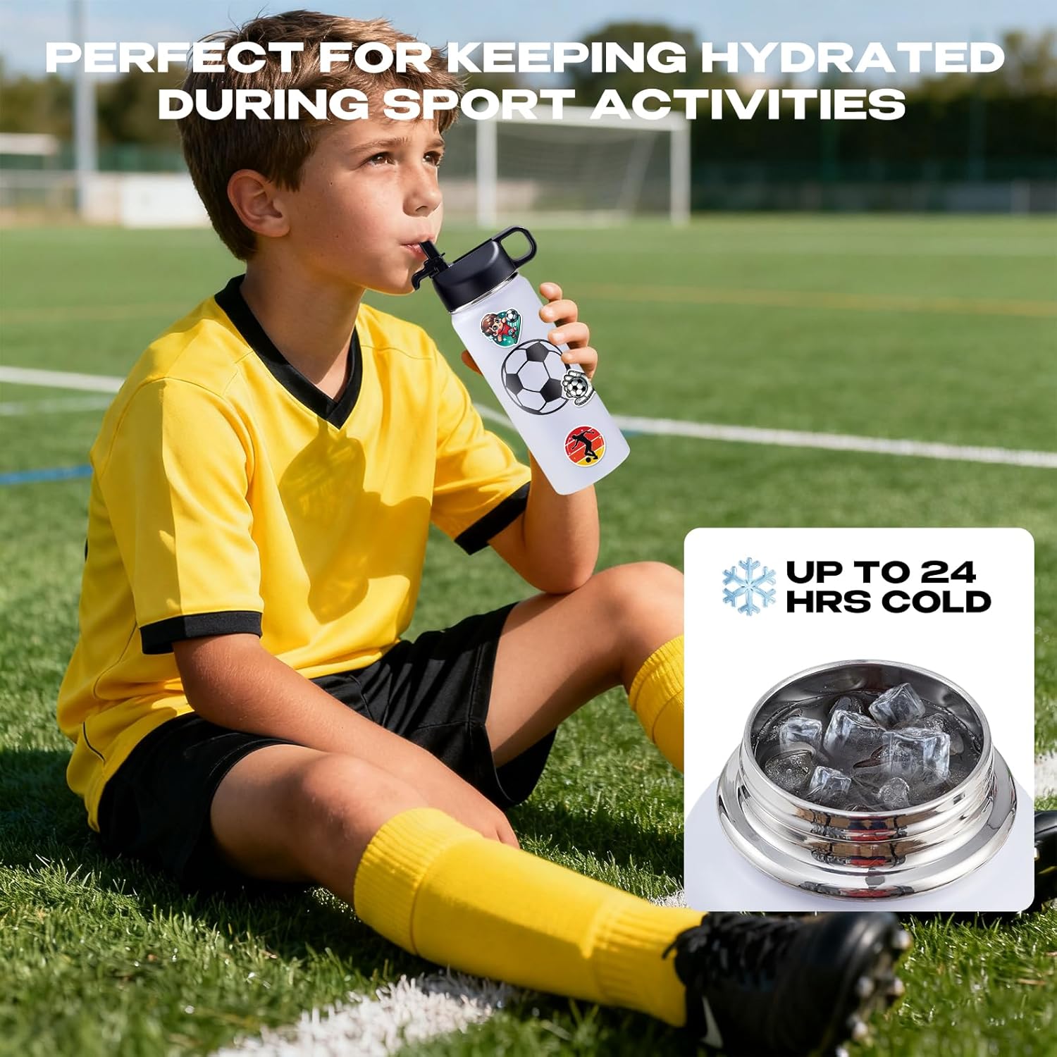 Soccer Water Bottles for Boys 18 oz and 100 PCS Soccer Stickers Sports Insulated Stainless Steel Water Bottle Accessories Stuff Gear Gifts For 8-12 12-14 Player - Image 3