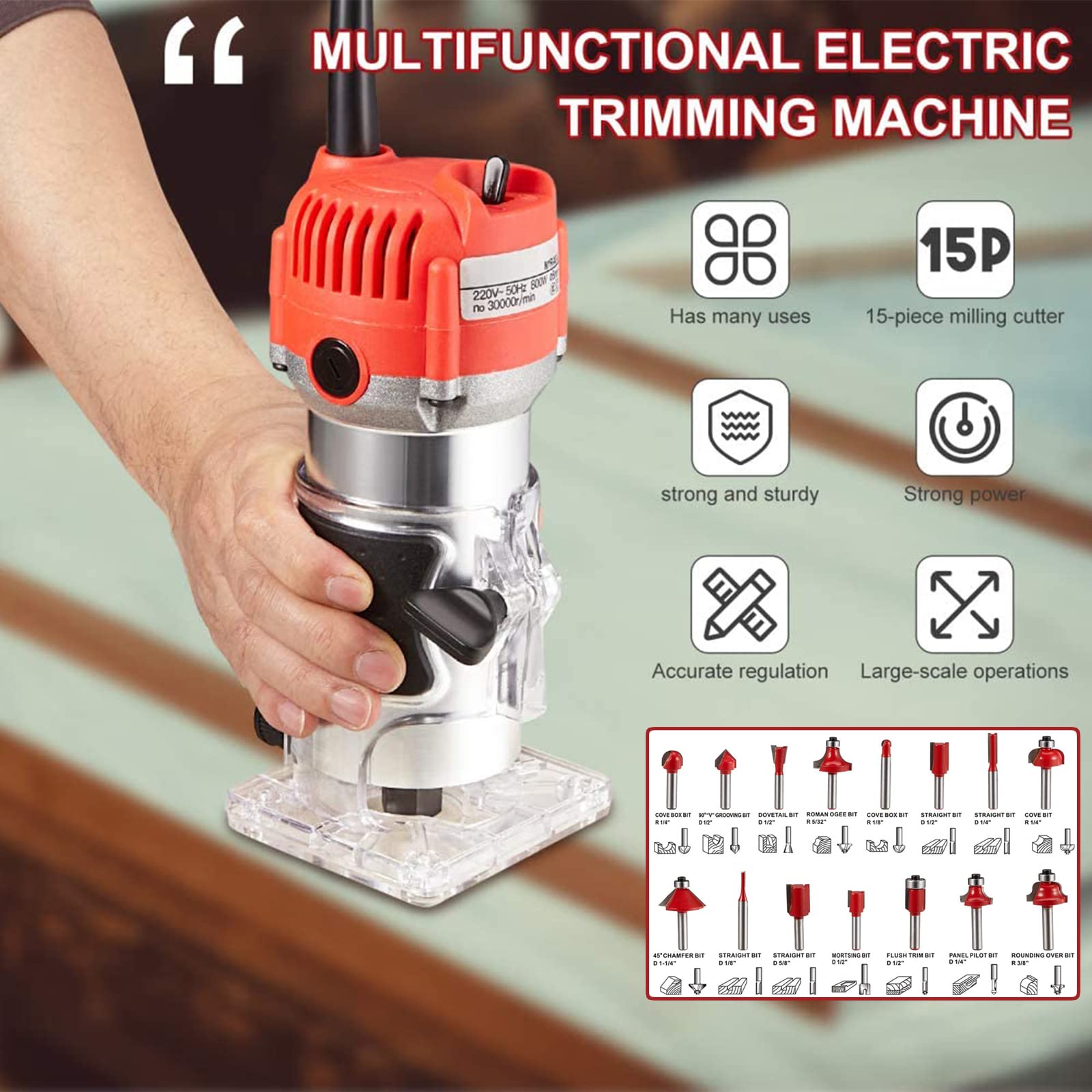 Fresadora Para Madera Eléctrica, Fresadora De Cantos De Una Mano Rebajadora Eléctrica Fresadora Para Máquina De Carpintería Herramienta Compacta Con 15 Piezas De Brocas De Enrutador