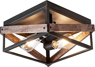 2-Light Black Rustic Wood Farmhouse Flush Mount Ceiling Light Fixture | 11.8 Inch Hallway Light Fixtures with Metal Frame, Industrial Close to Ceiling Light Fixtures for Kitchen Entryway Foyer