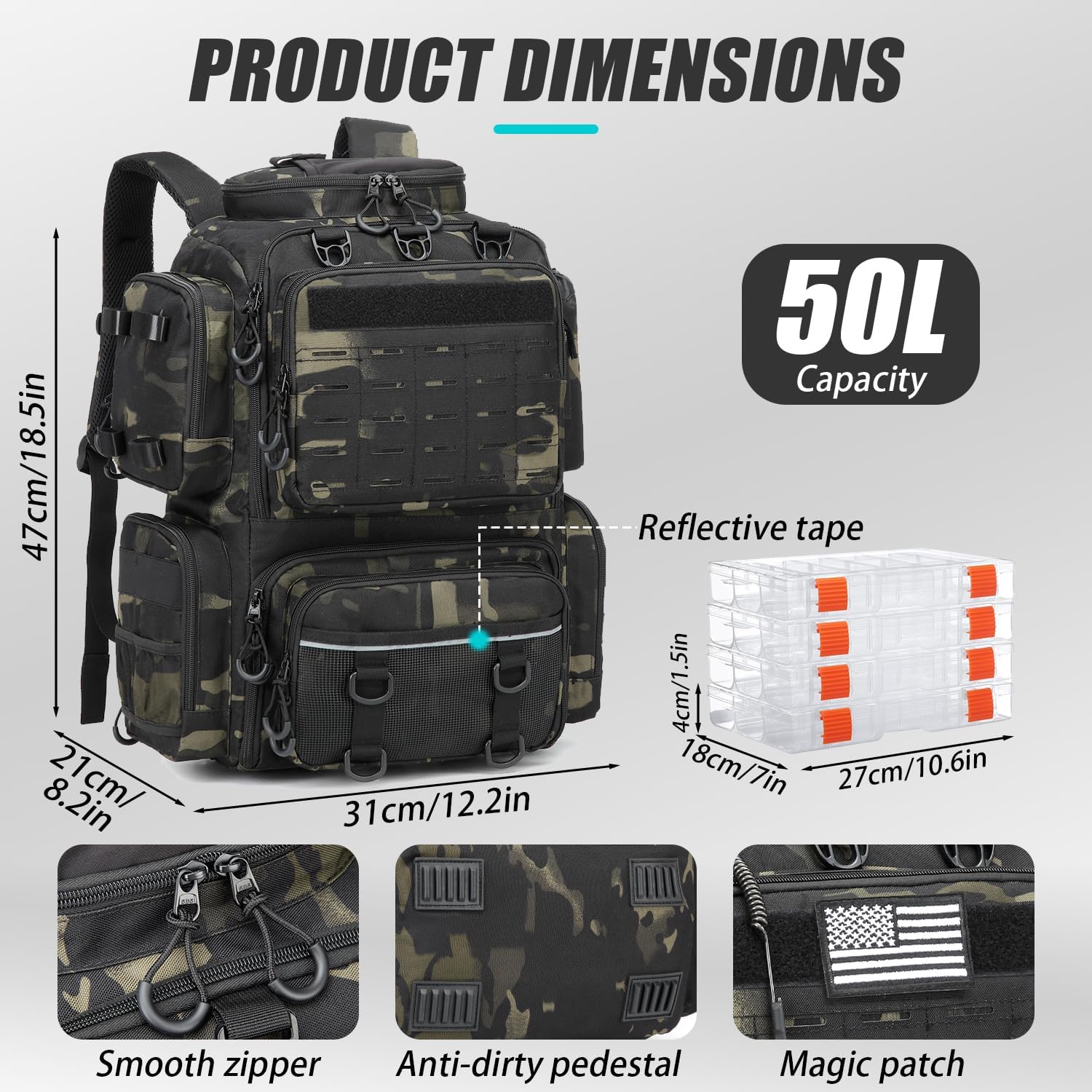 Tactical Fishing Tackle Backpack with Tackle Boxes, Rod Holders, Bottle Holder, 50 L Large Insulated Fishing Backpack Tackle Box with Cooler, Fishing Bag Store Gear & Equipment, Black CM