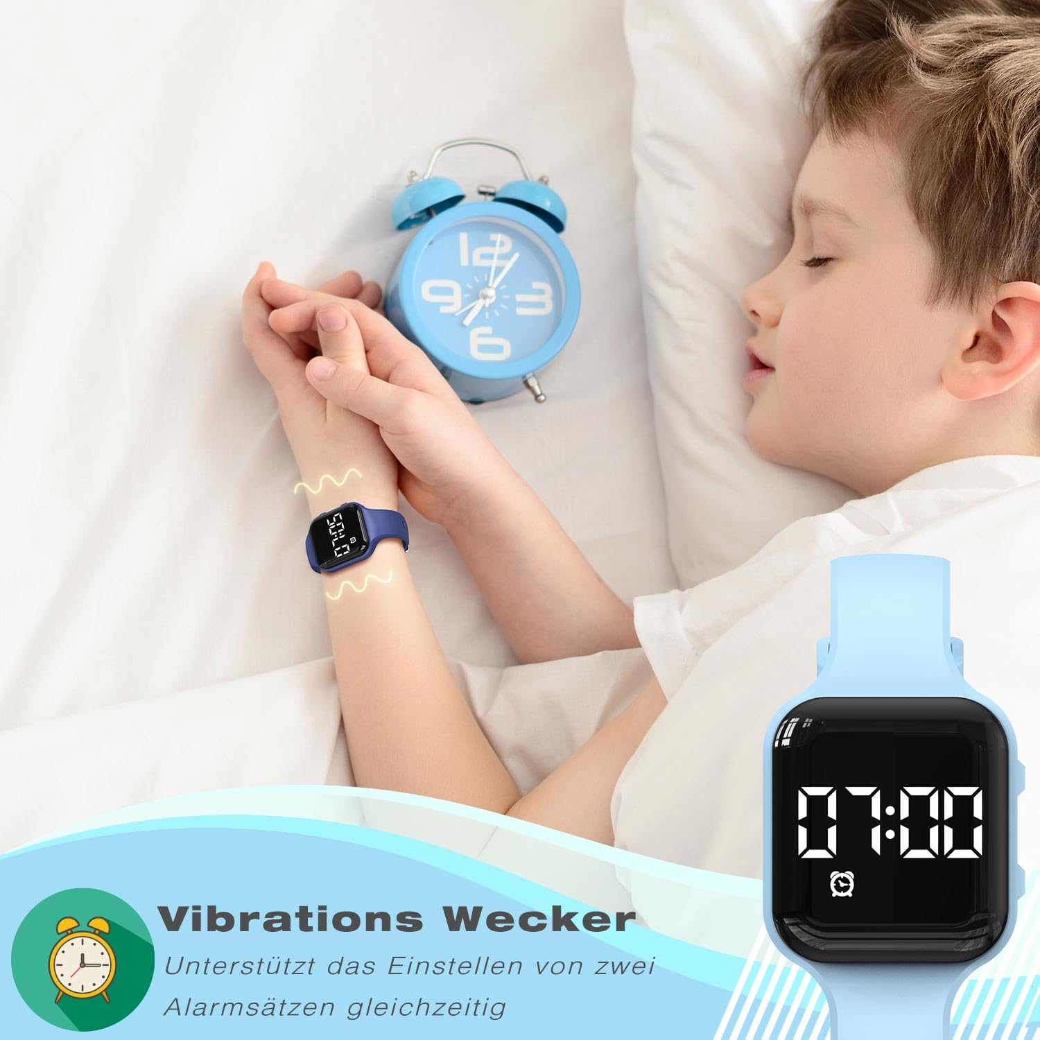Orologio digitale per bambini, contapassi, impermeabile, orologio da polso con contapassi, indicatore LED, cronometro per bambini, ragazzi, ragazze, adolescenti (azzurro)