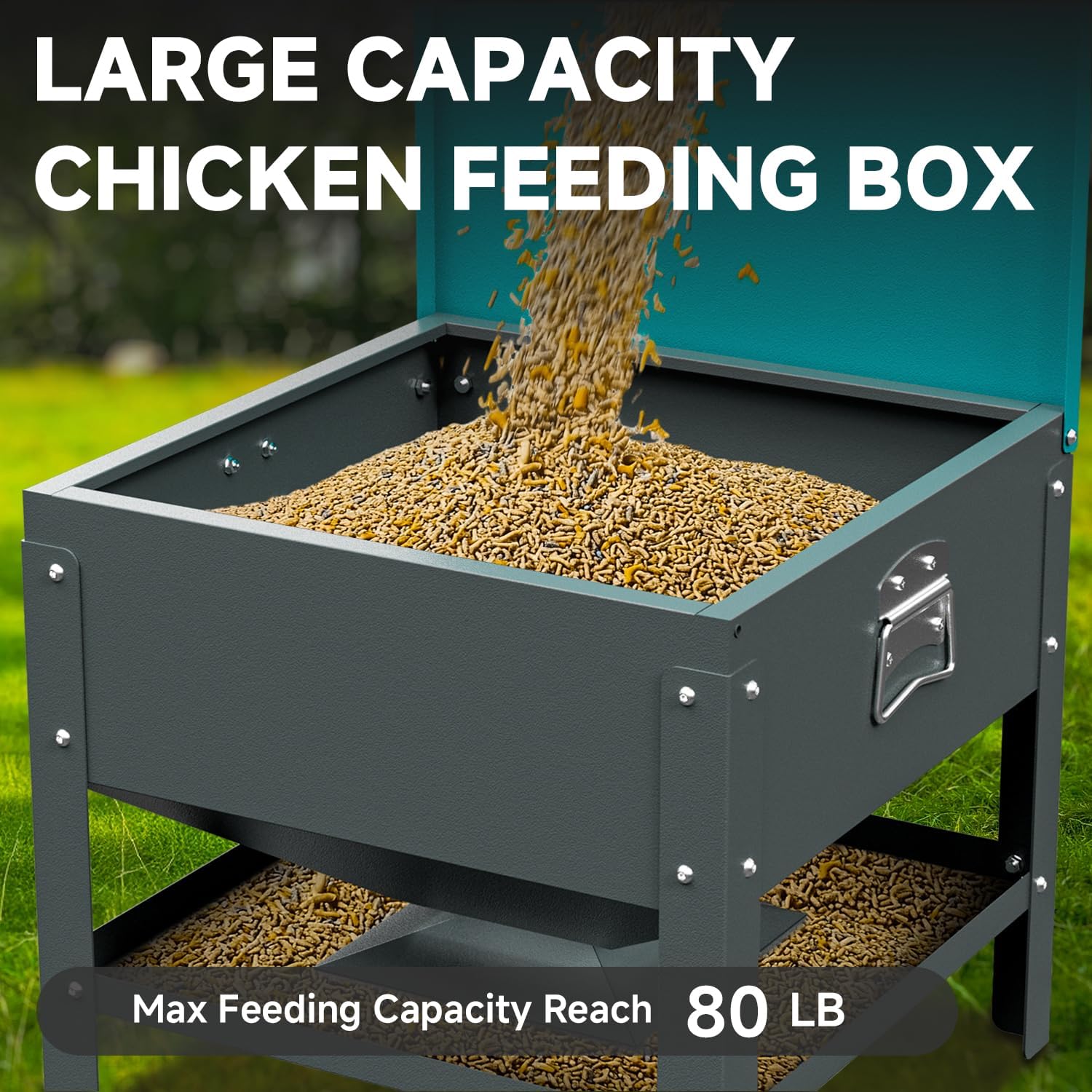 Automatic Chicken and Duck Feeder, 80 LBS Capacity Metal Chicken Feeder, Weatherproof Outdoor Gravity Feeding Barrel, No-Waste Feeder for Backyard Flock (Green)
