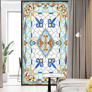 J4U Privacy Window Film Church Style Stained Glass Decorative Window Sticker No Glue Static Window Cling UV Blocked Window Decals Window Covering for Home 27.5