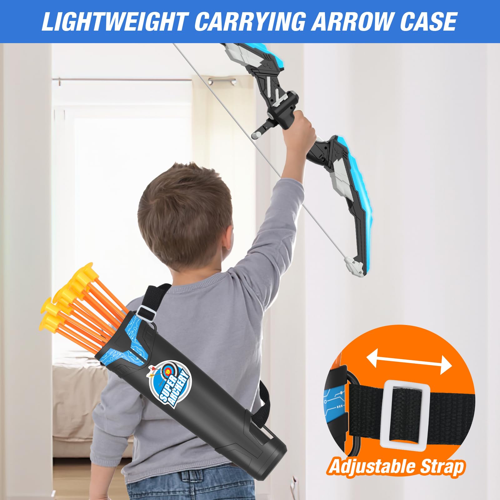 HYES Arco e Frecce per Cambini con Luci LED, Set di Tiro Giocattoli con Frecce e Arco, Ventosa Frecce, Bersaglio, Supporto Freccia, Regalo per Interni ed Esterni