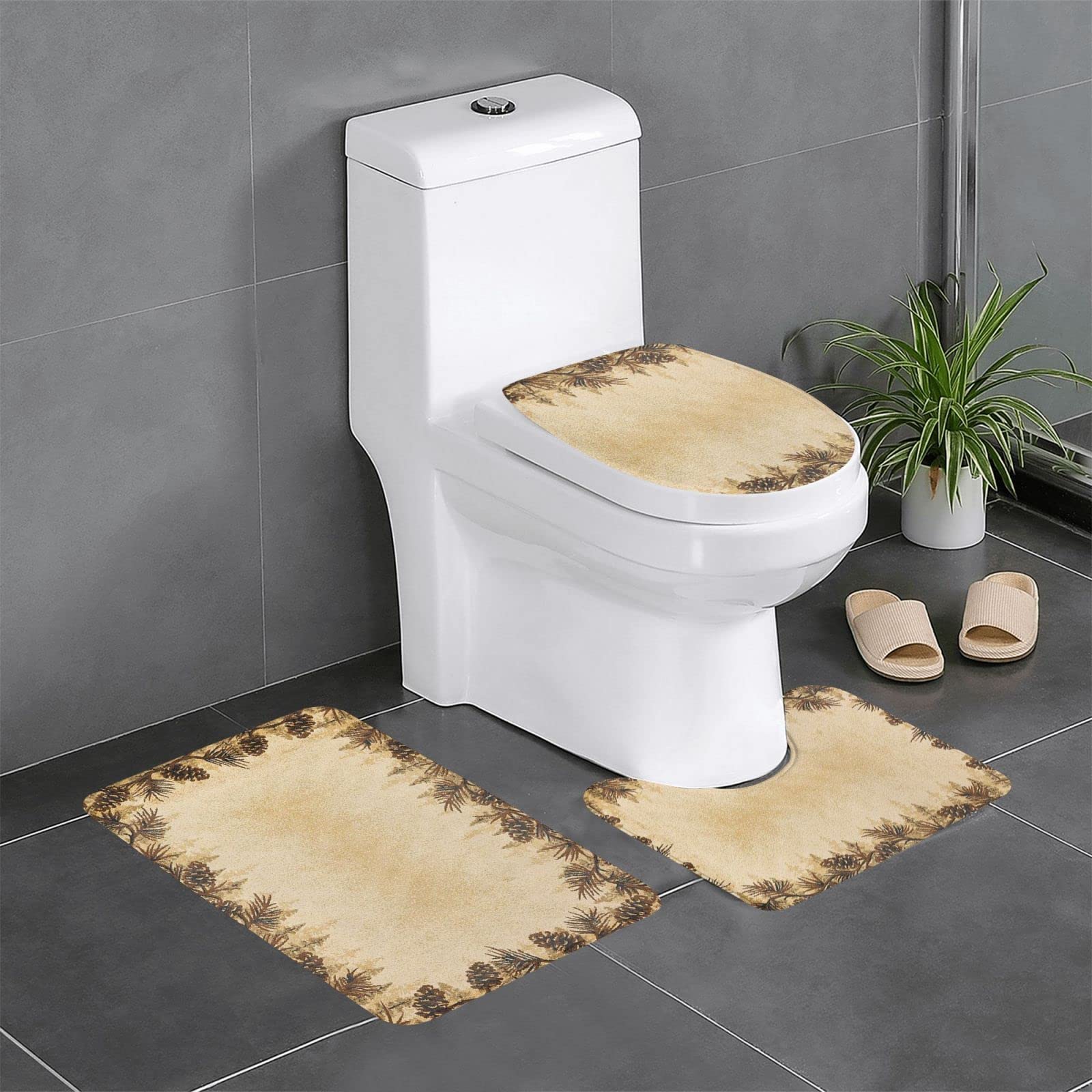 Lot 3 tapis de bain avec bordure en pin, contour et couvercle de toilette