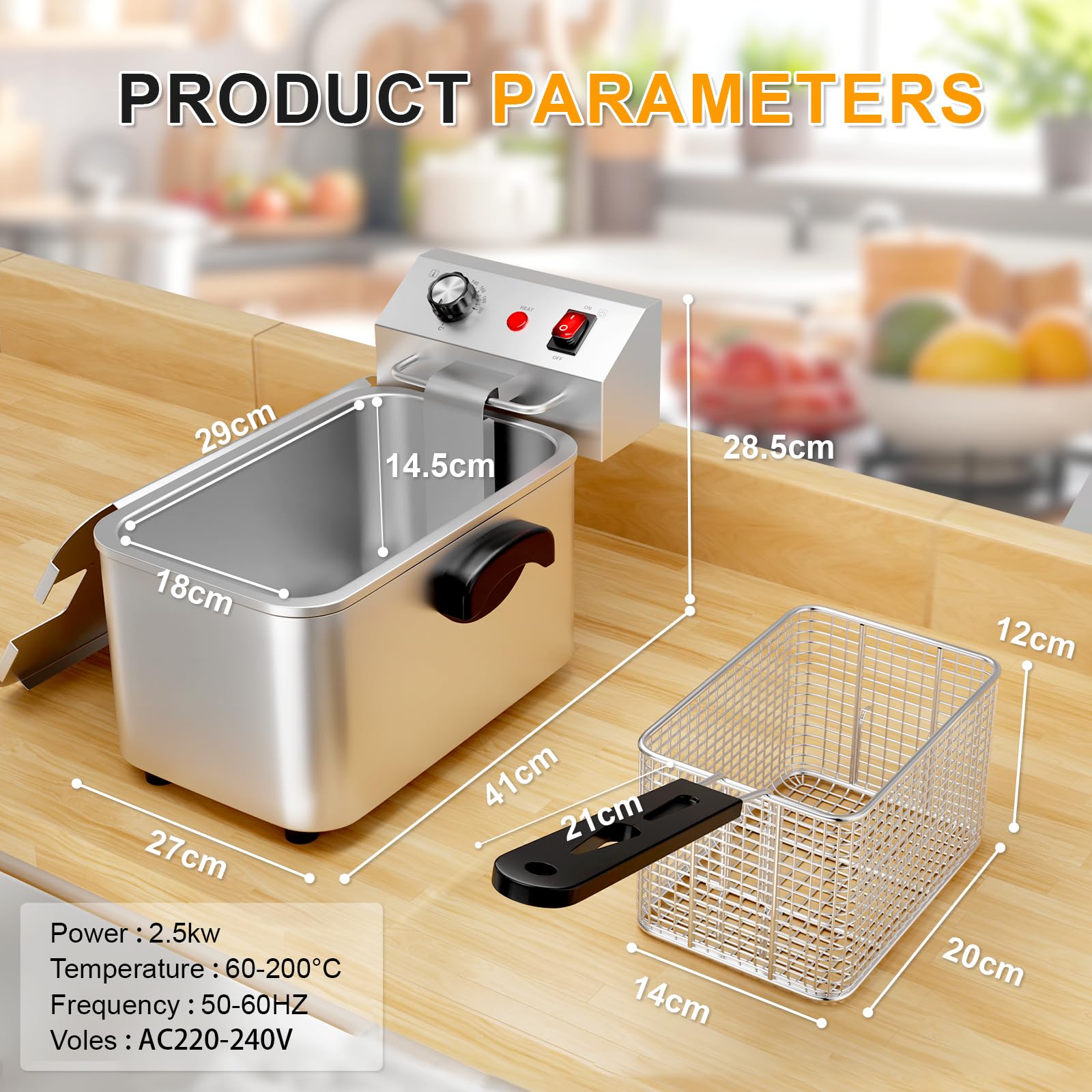TAIMIKO Friggitrice elettrica professionale friggitrice in acciaio inox con vasca rimovibile(4L, 2500W, 220V, maniglie laterali, termostato)
