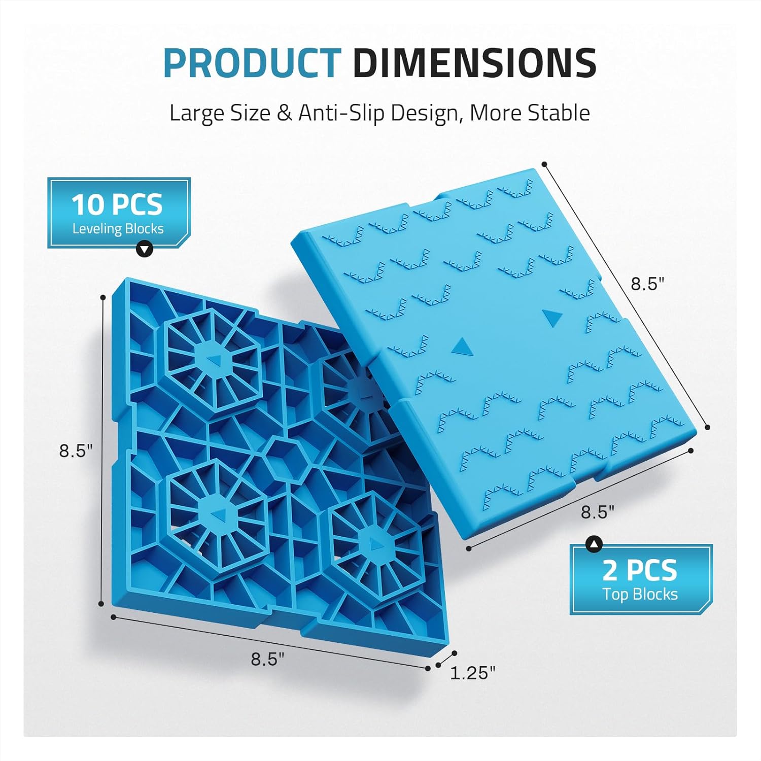 PAULINN RV Leveling Blocks 12 Pack, Heavy Duty Camper Leveling Blocks with 2 Velcro Straps, Interlocking Sturdy RV Blocks for Single & Dual Wheels, Stackable Jack Blocks, Customizable Height, Blue