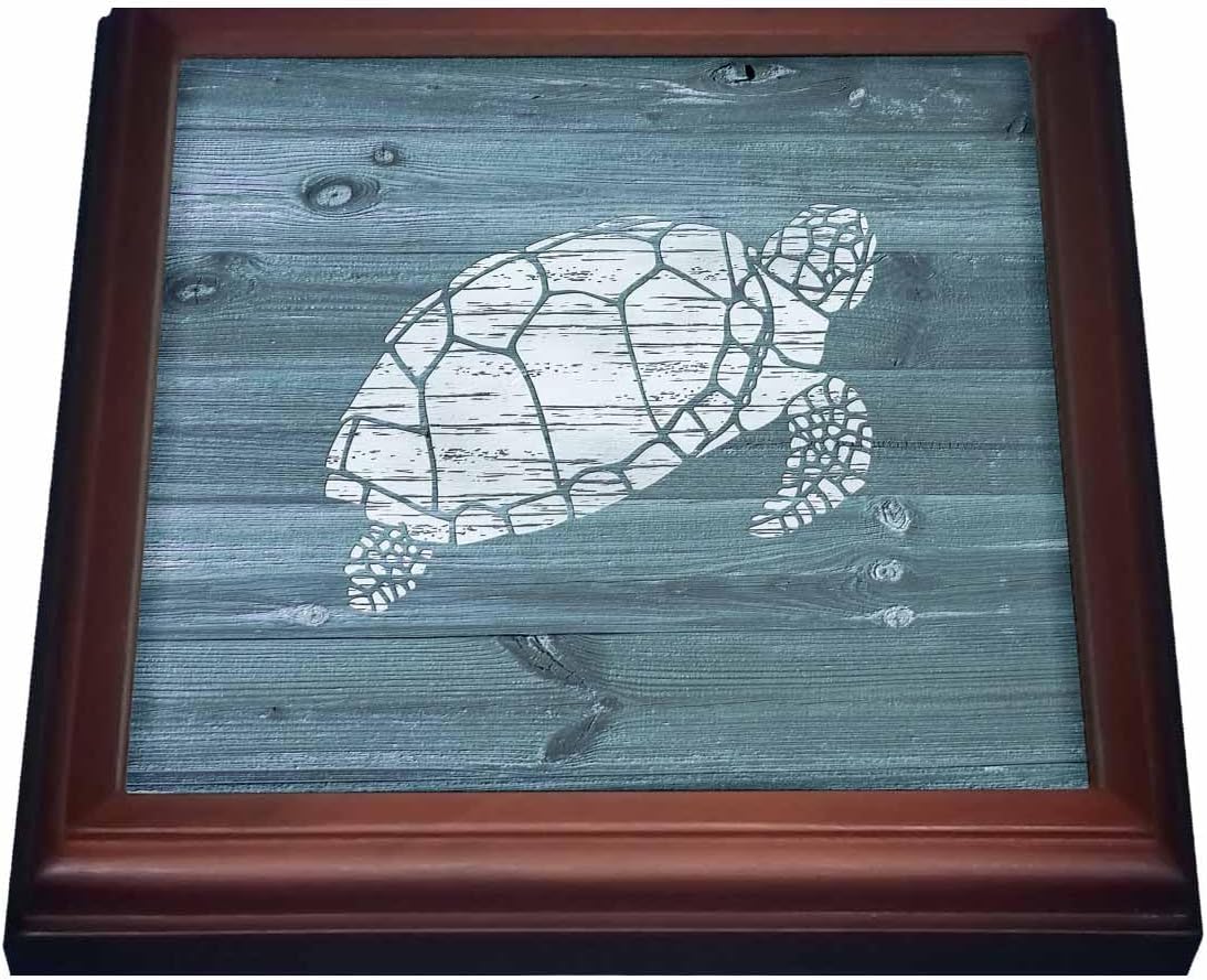 8x8 Trivet with 6x6 Ceramic Tile - White Painted Turtle on Blue Weatherboard- Not Real Wood Nautical Designs