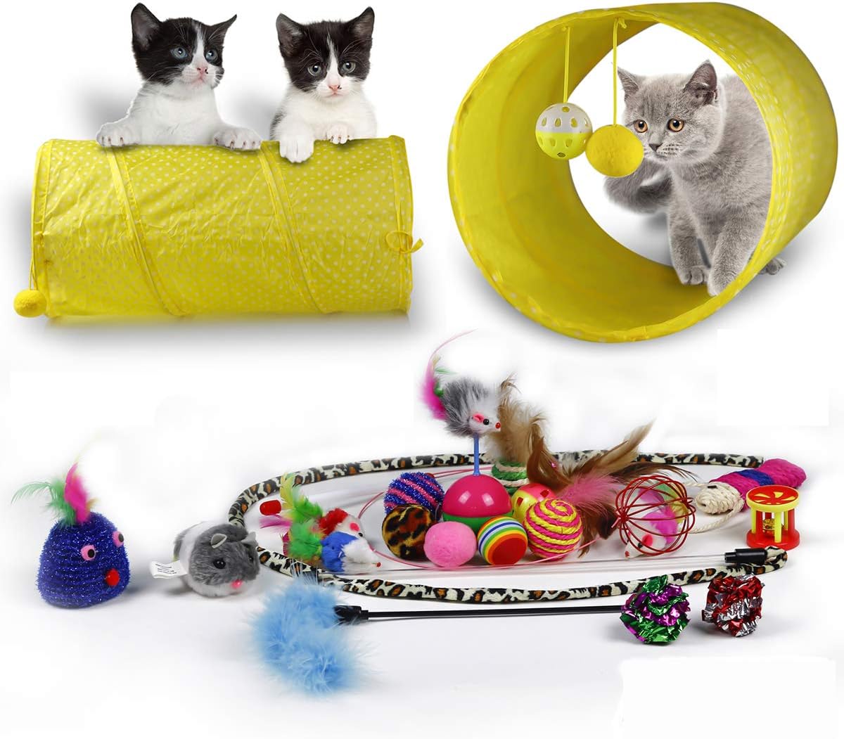 RIO Direct Cat Toys Kitten Toys Variety Pack - Cat Tunnel, Interactive Feather Toy, Cat Feather Teaser Wand, Fluffy Mouse, Crinkle Balls and Bells - 20 Pack Gift Set for Cat, Puppy, Kitty