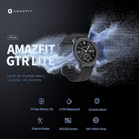 Amazfit GTR Lite 47mm Smartwatch, 24-Days Battery Life, 5 ATM Waterproof  Ceramics Bezel, AMOLED Screen, 8-Sports Modes, International Version :  Amazon.in: Electronics