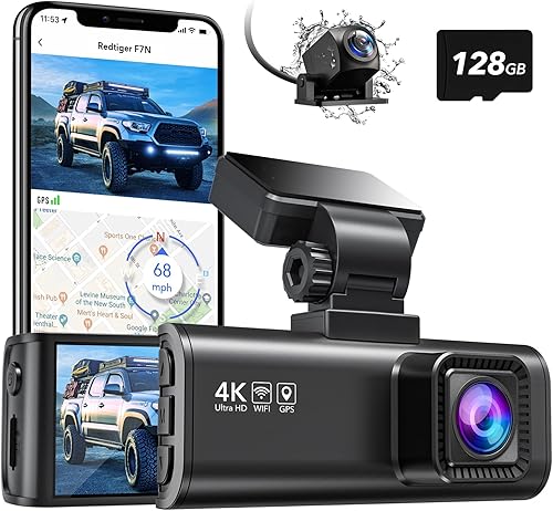 REDTIGER F7N 4K Dual Dash Cam con Wi-Fi GPS y tarjeta SD de 128 GB