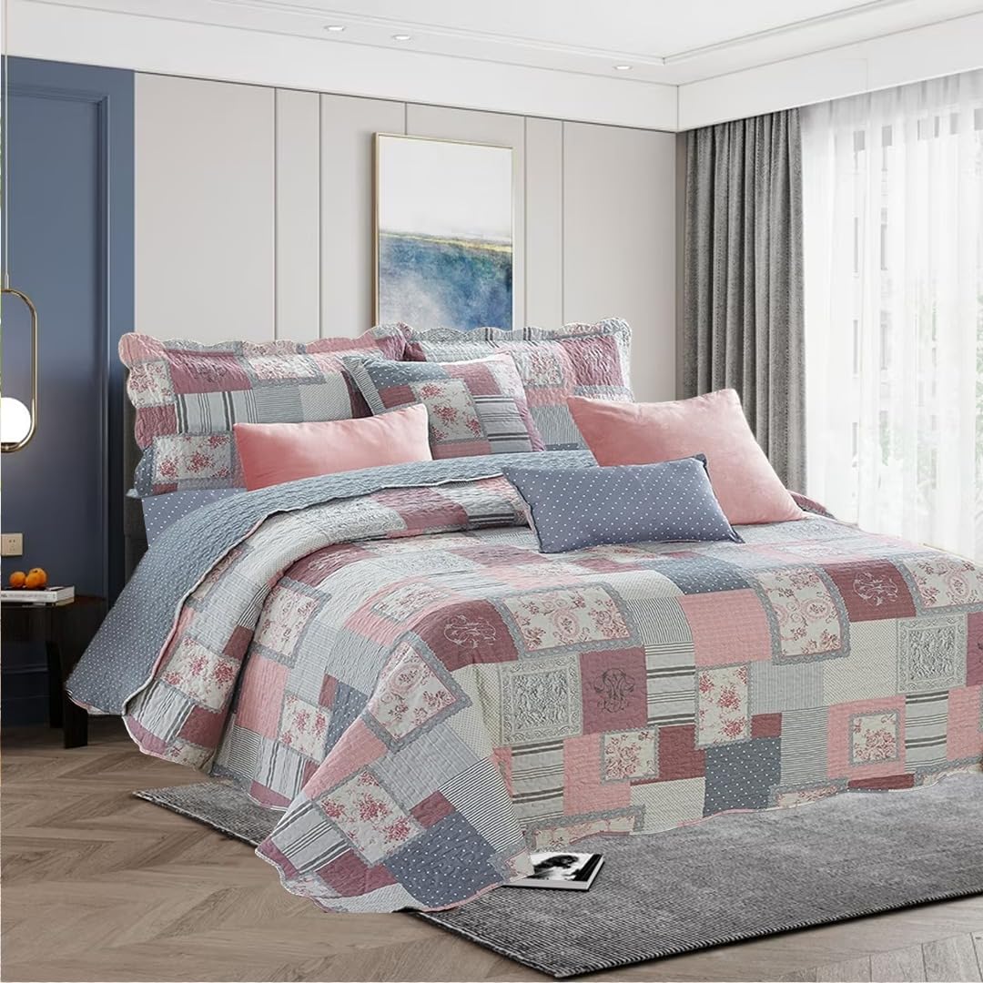 ZIYA HOMES Super King Size Quilted Patchwork Bedspread Comforter Bed Throw with Pillow Sham Coverlet Bedding Set 3-Piece Reversible Cotton Bedsheet Duvet Set Machine Washable
