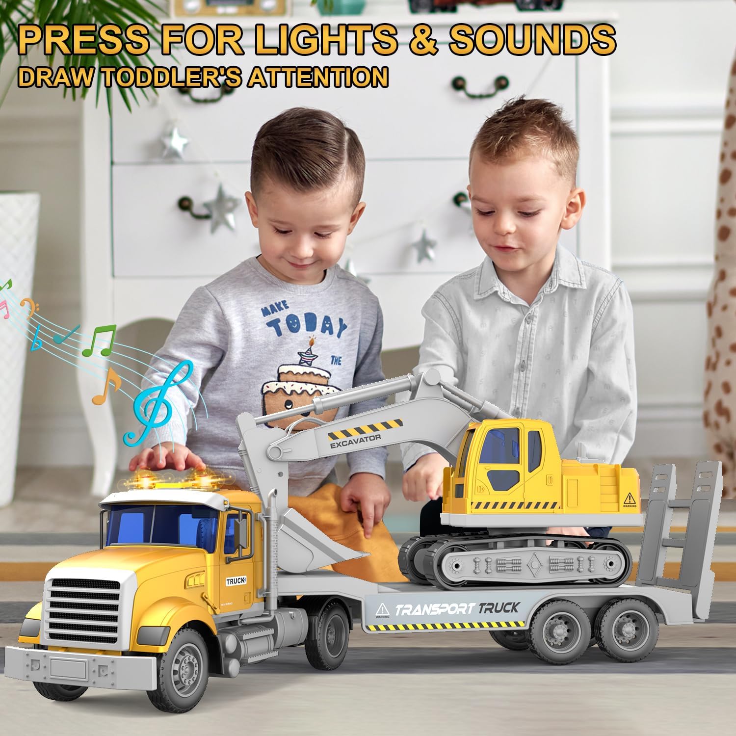 DOWELLIN Transports Trucks Kids Toys, 22" Large Semi Truck Toy Carrier and Excavator Truck with Sound&Light,Friction Powered Cars Toys Birthday for Childs-Yellow