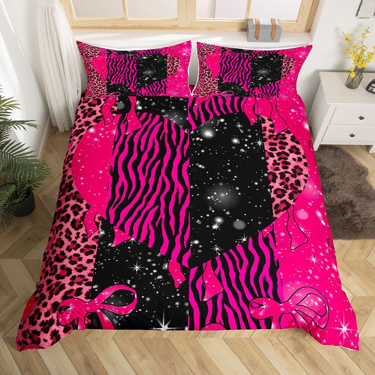 Cartoon Bowknot Duvet Cover Toddler Size,Cowhide Cow Skin Printed Comforter Cover with 1 Pillowcase,Girls Woman Princess Style Bedding Set 2pcs,Cowgirl Farmhouse Style Quilt Cover,Not Comforter