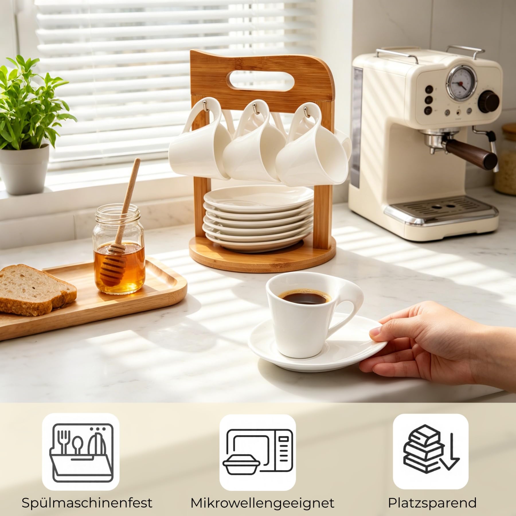 Lot de 6 Tasses Expresso à café avec soucoupes sur support, porcelaine, 80 ml, service à café pour 6 personnes tasse, a cafe avec support