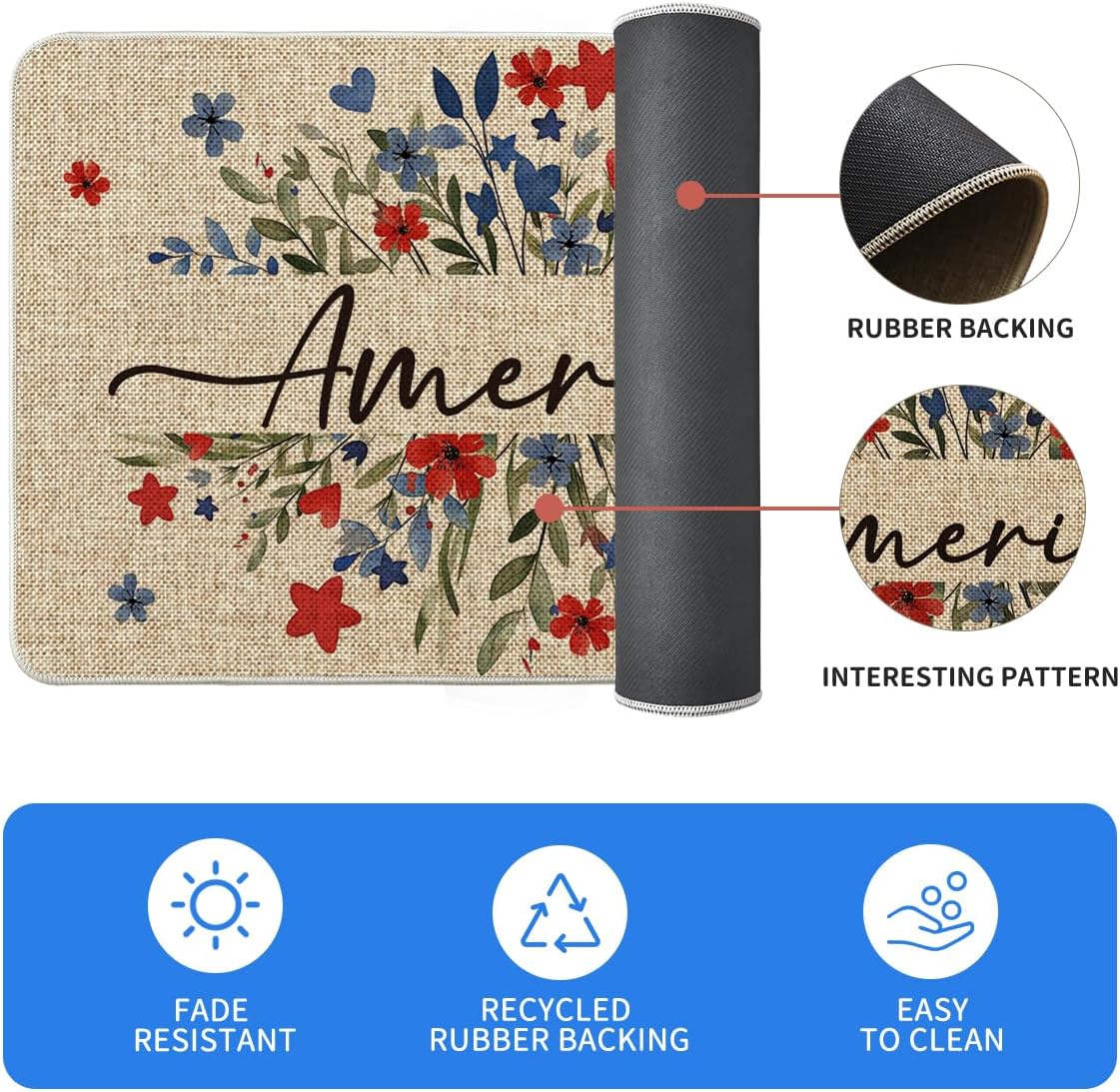 Artoid Mode Multicolor Floral Stars America 4TH of July Patriotic Kitchen Mats Set of 2, Memorial Day Home Decor Kitchen Rugs for Floor - 17x29 and 17x47 Inch