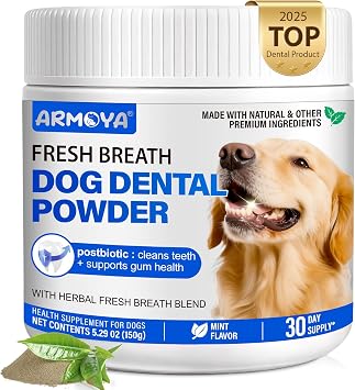 Dog Teeth Cleaning Powder - Dental Powder for Dogs Teeth - Plaque Removal - Supports Gum Health - Tartar Remover with Natural Herb Blend and Postbiotics 30 Day Supply - Mint Flavor