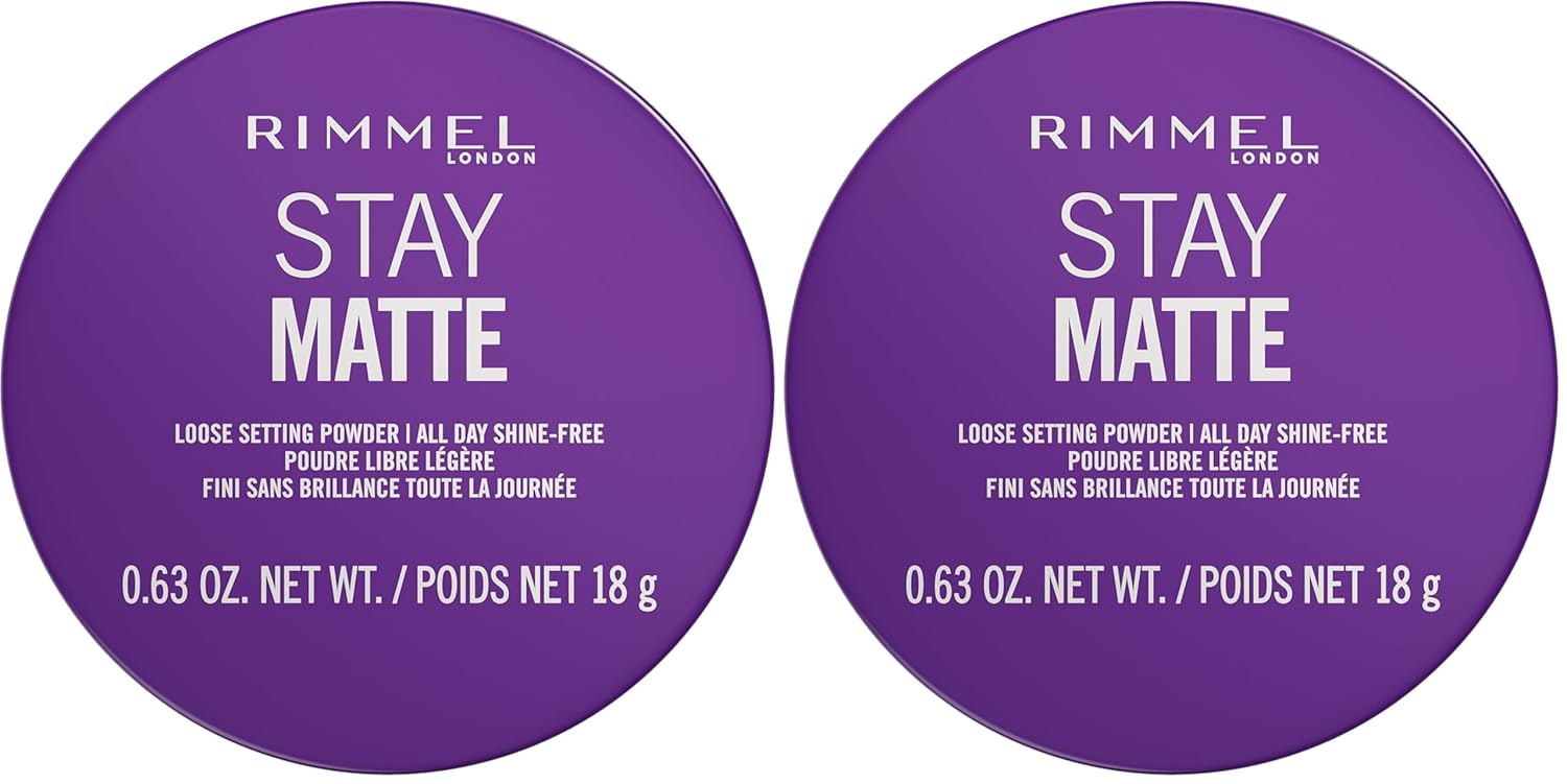 Rimmel Stay Matte Loose Powder, 001 Transparent, Face Loose Powder, Talc-free, Vegan, Lightweight, Soft Focus Effect, Soft Luxurious Applicator Puffâ€‹, 0.63oz (Pack of 2)