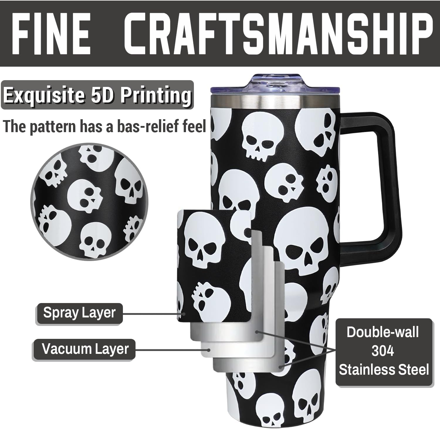 5D Printed White Skull Tumbler 40 oz Halloween Tumbler with Handle Lid and Straw Spooky Skull Cup Halloween Water Bottle Travel Mug - Image 2