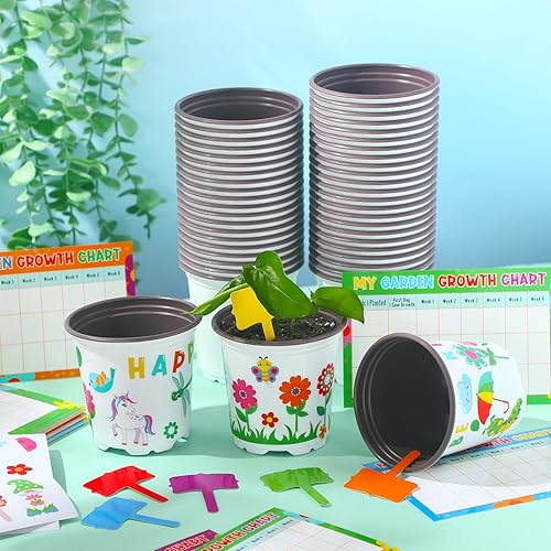 Vista 4 de Capoda 48 Sets Garden Flower Pots Crafts Kit DIY Spring Plastic Seedling Nursery Pots with Stickers Plant Labels Growth Charts Planting Growing