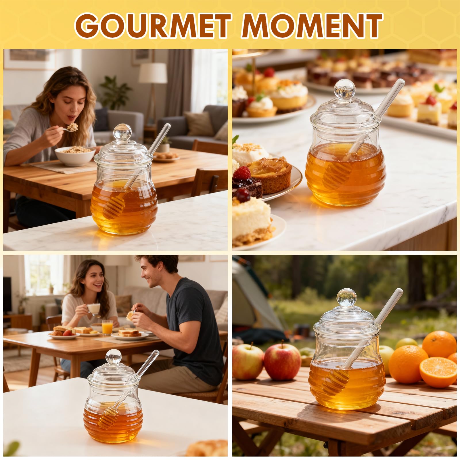 Dosatore Miele, 280 ml Dispenser Miele avec Cuillère à Verre, Porta Marmellata per Sciroppo di Acero, Arachidi, Ideale per Regali in Casa e in Cucina